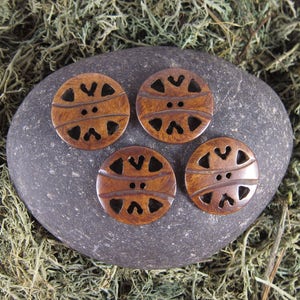 Large Round Brown Folk Hearts 2-Hole Carved Yak Bone Buttons - 4 Pack - Fair Trade