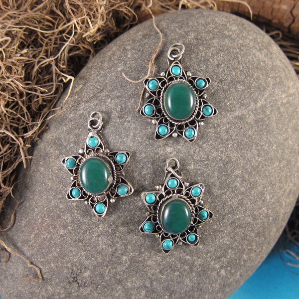 One (1) Small Silvertone Metal Green Stone Synthetic Turquoise Pendant Charm Handmade - Fair Trade