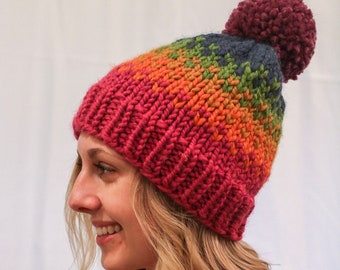 Rainbow Fair Isle Winter Hat, Hand Knit Slouchy Beanie, Hat with Pom Pom