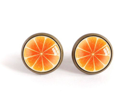 Orange stud earrings fruit image glass cabochon earrings | Etsy