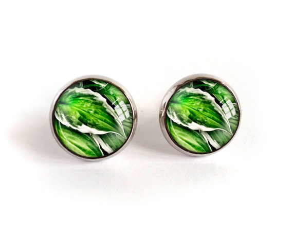Green leaf stud earrings leaves image glass cabochon post | Etsy