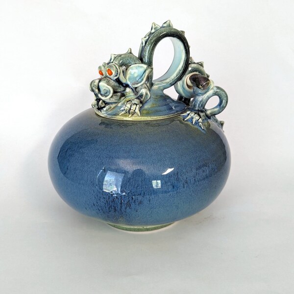 Blue Dragon Hinged Ceramic Pot Wheel Thrown Altered Stoneware Hand Decorated Glazed Glossy Mottled