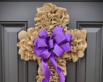 Burlap Cross wreath for Easter,  religious Easter wreath, Cross wreath with purple ribbon, burlap Easter wreath