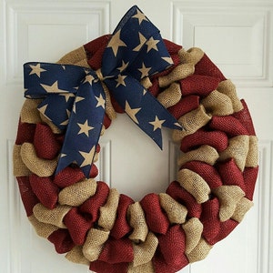 Fourth of July wreath, rustic patriotic wreath, wreaths for front door year round, rustic burlap wreath, summer burlap wreath, flag wreath