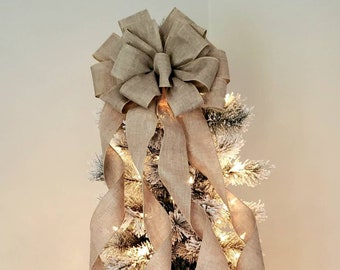 Rustic tree topper bow, tan tree topper bow, burlap look tree topper bow, banister bow, neutral holiday decor, Christmas tree decorations