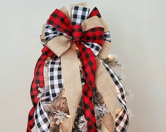 Rustic Christmas tree topper bow, plaid tree topper bow, farmhouse decor, red and black buffalo check tree topper, Christmas tree decor