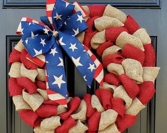 Patriotic burlap wreath for front door, fourth of july wreath, Independence day wreath, flag wreath, Americana wreath, housewarming