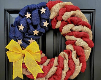 Military Wreath, Deployment wreath, Support our troops, Patriotic, burlap, yellow awareness ribbon for troops, deployment gifts