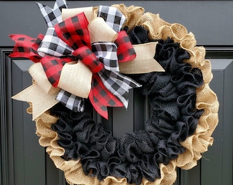 Buffalo check wreath, farmhouse Christmas wreath, rustic winter wreath, burlap wreaths for winter, farmhouse decor for winter