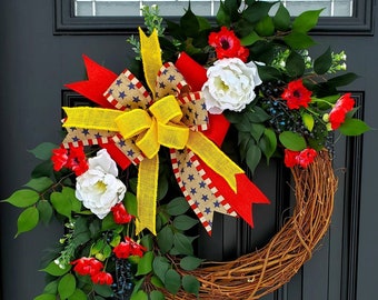 Deployment wreath, Deployment ribbon, patriotic wreath, red poppy wreath, memorial day wreath yellow support our troops bow, deployment gift