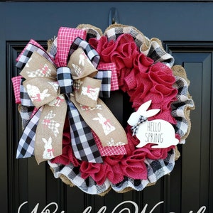 Spring wreath for front door, Rae Dunn inspired Hello Spring, bunny wreath, pink burlap wreath, buffalo check wreath for spring