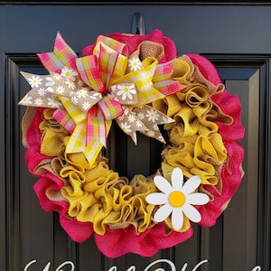 Spring burlap wreath for front door, daisy wreath, pink and yellow wreath for spring