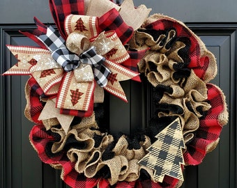 Red rustic buffalo check Christmas wreath for front door, Winter burlap wreath, rustic Christmas decor