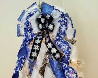 Cobalt blue snowflake tree topper bow, Christmas tree topper bow, blue tree topper, Christmas tree decor