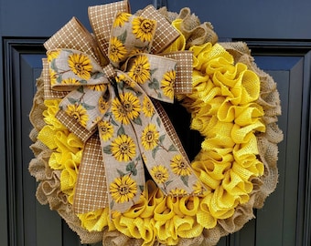 Yellow Sunflower burlap wreath for front door, Summer burlap wreath, yellow burlap wreath, all seasons wreath, housewarming gift
