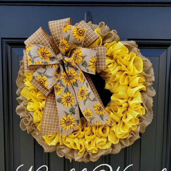 Yellow Sunflower burlap wreath for front door, Summer burlap wreath, yellow burlap wreath, all seasons wreath, housewarming gift