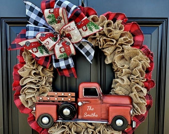 Personalized red truck Christmas wreath, Rustic Christmas burlap wreath for front door, red truck decor, personalized housewarming gifts