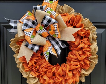 Fall burlap wreath for front door, autumn wreath, buffalo check wreath for fall, pumpkin wreath for fall, burnt orange burlap wreath