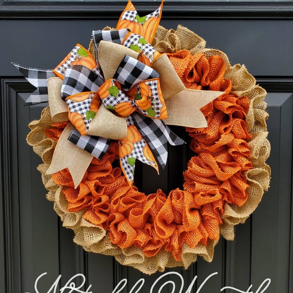 Fall wreath for front door, autumn wreath, buffalo check wreath for fall, pumpkin wreath for fall, burnt orange burlap wreath