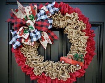 Christmas burlap wreath for front door, Red truck Christmas wreath, merry christmas wreath, ruffle wreath, Holiday wreaths, buffalo check