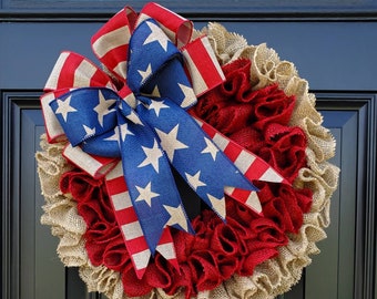 Patriotic burlap wreath for front door, Americana wreath, memorial day, fourth of july wreath, rustic independence day wreath,