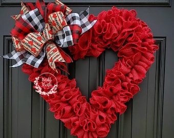 Red heart wreath for Valentine's day wreath for front door, ruffle burlap wreath, heart wreath, crimson red burlap wreath, ruffle wreath