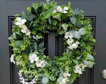 Spring Boxwood, Eucalyptus, Dogwood wreath for front door, greenery wreath for Spring, Spring boxwood wreath, Spring Eucalyptus wreath