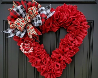 Valentine's day wreath for front door, ruffle burlap wreath, heart wreath, crimson red burlap wreath, ruffle wreath, rustic heart wreath