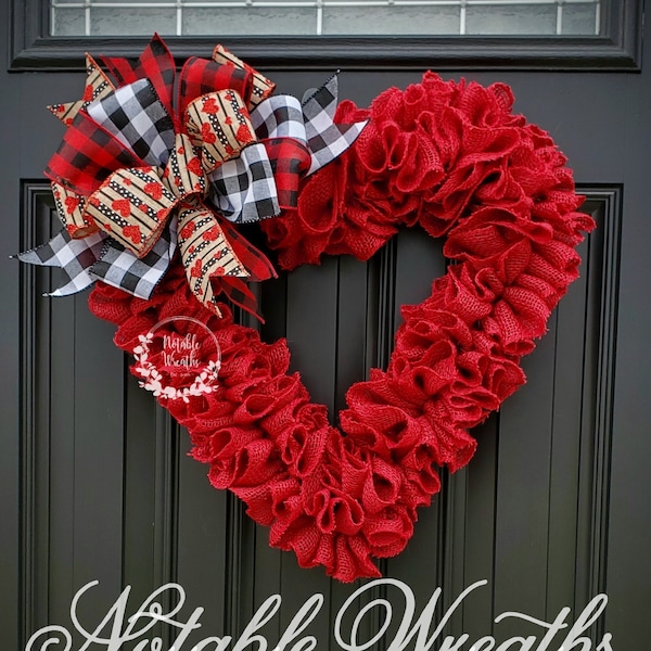 Valentine's day wreath for front door, ruffle burlap wreath, heart wreath, crimson red burlap wreath, ruffle wreath, rustic heart wreath
