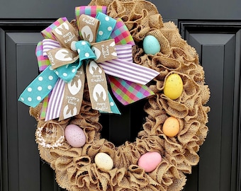 Easter burlap wreath for front door, Easter egg wreath, colorful spring wreath, Happy Easter wreath, bunny wreath