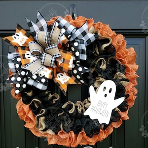 Rustic Halloween wreath for front door, Boo wreath, buffalo check Halloween wreath, ghost wreath
