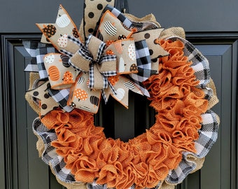 Rustic Fall burlap wreath for front door, buffalo check Fall wreath, Autumn wreath, pumpkin wreath