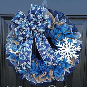 Blue winter Burlap wreath for front door, Snowflake wreath, Snowflake winter decor