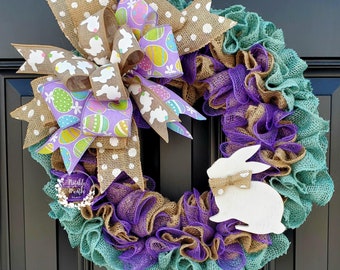 Easter wreath for front door, bunny burlap wreath, purple deco mesh easter wreath, teal wreath, spring burlap wreath