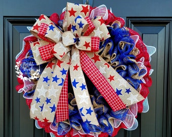Fourth of July burlap wreath for front door, Patriotic wreath, red, white & blue wreath, American flag wreath, Memorial day wreath