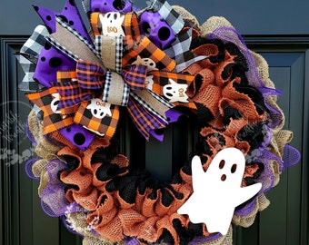 Rustic Halloween ghost wreath for front door, Hello Boo wreath, buffalo check Halloween wreath, ghost wreath