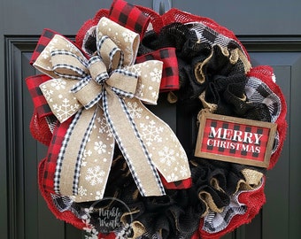 SALE! Ready to ship! Rustic buffalo check Merry Christmas wreath, burlap Christmas wreaths for front door