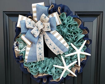 blue coastal wreath for front door, beach wreath, turquoise wreath, starfish wreath, teal wreath