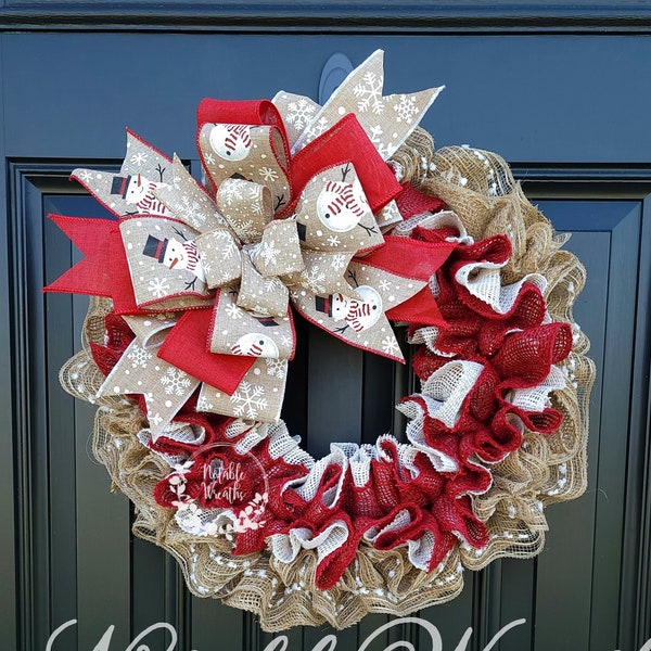 Snowman Christmas wreath for front door, winter Burlap wreath, red Christmas wreath