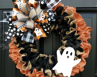 Rustic Halloween ghost wreath for front door, Boo wreath, buffalo check Halloween wreath, ghost wreath