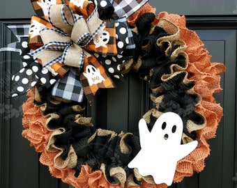 Rustic Halloween burlap wreath with handmade wooden ghost, Farmhouse Fall front door decor, Autumn porch decoration, double doors wreath