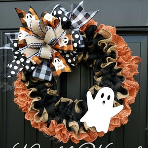 Rustic Halloween ghost wreath for front door, Boo wreath, buffalo check Halloween wreath, ghost wreath