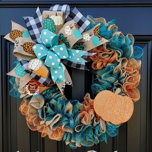 Rustic Fall Wreath: Cheetah Pumpkin, Teal & Orange Burlap, Buffalo Check Bow