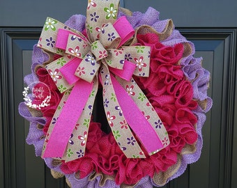 Colorful Spring burlap wreath for front door, Daisy wreath, pink & purple Spring wreath, Mother's day gifts, housewarming gifts, double door