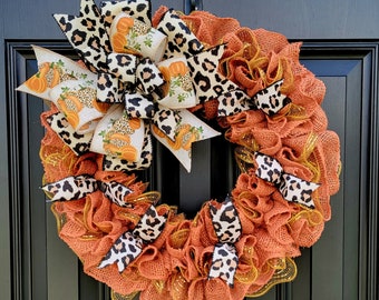 Fall Cheetah print pumpkin wreath, orange Fall wreath, animal print Autumn wreath, gold wreath