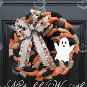 Rustic Halloween ghost wreath for front door, Boo wreath, buffalo check Halloween wreath, ghost wreath