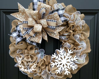 Neutral burlap Winter snowflake wreath for front door, white snowflake wreath, black and white buffalo check winter wreath, Christmas wreath