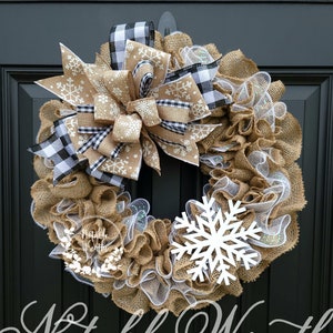 Neutral burlap Winter snowflake wreath for front door, white snowflake wreath, black and white buffalo check winter wreath, Christmas wreath