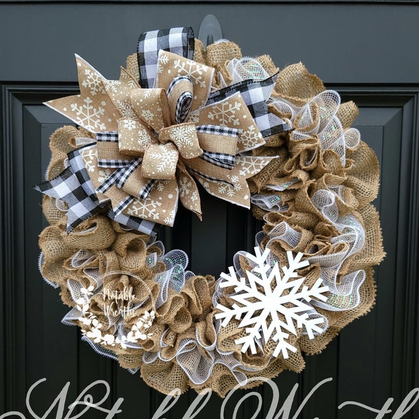 Burlap Winter Wreath: Buffalo Check Bow, White Snowflake, Neutral Decor, double doors
