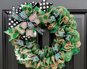 St. Patrick's day burlap wreath, green burlap wreath, burlap ruffle wreath, St. Patrick's day wreath for front door